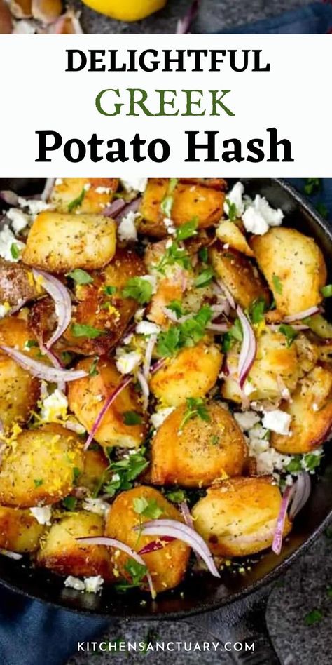 Dinner With Feta, Lamb Side Dishes, Greek Side Dishes, Greek Feast, Greek Style Potatoes, Pork Gyros, Potato Hash Recipe, Greek Foods, Creamy Feta