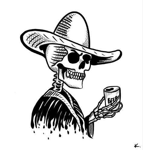 skeleton, beer, day of the dead, digital art, freehand, digital illustrations, sombrero, skull, sketch, skeleton sketch, drunk skeleton Skeleton Drinking Beer, Matching Tequila Tattoos, Line Art Skeleton, Drunk Art, Cowboy Skull, Beer Tattoos, Traditional Black Tattoo, Cup Tattoo, Cowboy Tattoos