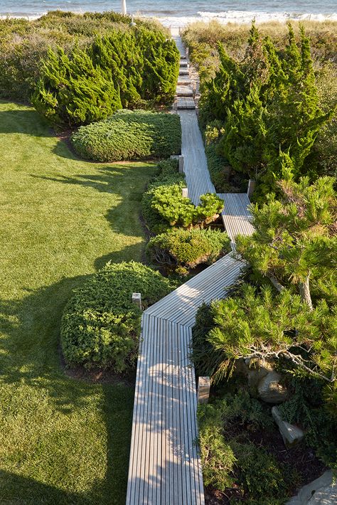 https://hollanderdesign.com/portfolio/surfside/ Hamptons Home Exterior, Wood Pathway, Hollander Design, Mugo Pine, Wood Path, Walkways Paths, Garden Stairs, Front Landscaping, Landscape Architecture Design