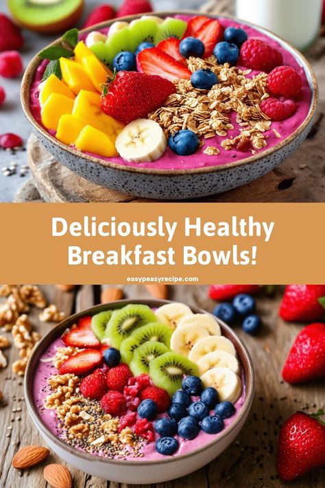 Colorful smoothie bowls topped with fresh fruits, nuts, and seeds. Meal Prep Smoothie Bowls, Healthy Breakfast Bowl Recipes, Fruit Smoothie Bowl Recipes, Breakfast Fruit Bowl, Acai Bowl Recipe Easy, Breakfast Smoothie Bowl Recipes, Smoothie Bowls Recipe Easy, Recipe Healthy Breakfast, Bowl Recipes Easy