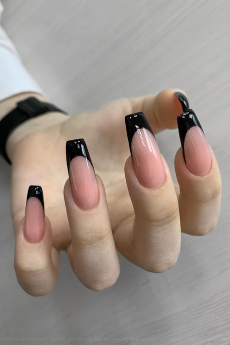 Black French Tip Nails Medium Black French Tip Nails, Chic Black French Tip Nails, Black France Nails, Black Stilleto Frenchies, Edgy Nail Art, Black French Tip Nails, Black French Nails, Black French Tip, December Nails