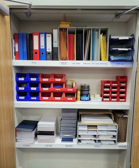 I Organised My Work Stationery Cupboard. I Wish I'd Taken A Before Picture. It Was 2 Years' Worth Of People Just Throwing Stuff In! Organization Pictures, Small Office Organization, Desk Organization Tips, Work Desk Organization, Stationary Storage, Decluttering Inspiration, Stationary Organization, Office Organization At Work, Office Cupboards