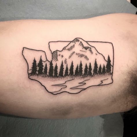 Seattle Themed Tattoo, Seattle Washington Tattoo Ideas, Washington Tattoo Ideas, Seattle Tattoo Ideas, Pnw Tattoo Washington, Mount Rainier Tattoo, Washington Tattoos, Washington State Tattoo, Seattle Tattoos