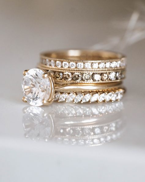 BOLD and beautiful represents this stack! Our Parlor Palm engagement ring is eye-catching with the Petite Domino Marquise, the Small Pea Pod with white diamonds and the Large Pea Pod with gray diamonds. Would you wear this stunner?! Stacked Engagement And Wedding Rings Silver, Mixed Metal Diamond Ring, Engagement Ring With Stackable Bands, Stacking Engagement Rings, Stacked Wedding Rings Mixed Metals, 3 Stacked Wedding Rings, Wedding Stack Rings, Oval Ring Stack, Right Hand Rings For Women