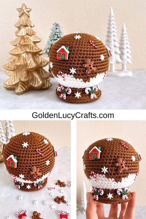 Crocheted Christmas gingerbread snow globe. Snow Globe Crochet Pattern Free, Crochet Christmas Village, Crochet Gingerbread House Free Pattern, Christmas Home Decoration, Christmas Gift Crochet, Snow Globe Crochet, Crochet Christmas House, Crochet Gingerbread House, Crochet Globe