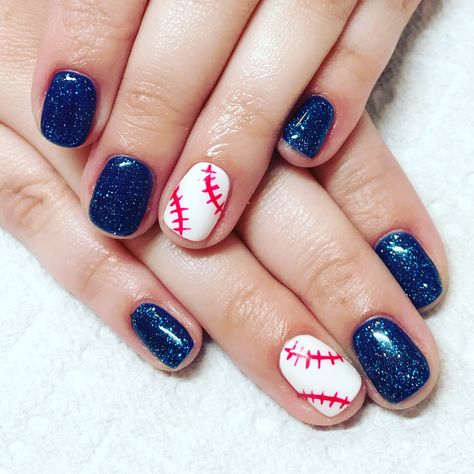 Team Color Nails, Short Baseball Nails, Baseball Gel Nails, Milwaukee Brewers Nails, Baseball Gel Nails Ideas, Gel Manicure Ideas For Short Nails Summer, Baseball Nails Acrylic, Blue Baseball Nails, Baseball Nail Ideas