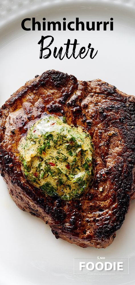 Pork With Chimichurri Sauce, Creamy Chimichurri Sauce, Chimichurri Butter Recipes, Chimichurri Sauce Steak, Chimichurri Steak Sides, Steak Butter Sauce, Steak Toppers, Argentinian Chimichurri Recipe, Chimmi Churri