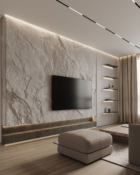 Stylish Modern Home Interior Design for Apartments Living Room With Stone Wall Interior Design, Interior Design For Apartments, Modern Zen Living Room, Stone Wall Interior Living Room, Stone Wall Living Room, Stone Wall Interior Design, Zen Living Room, Stone Feature Wall, Stone Walls Interior