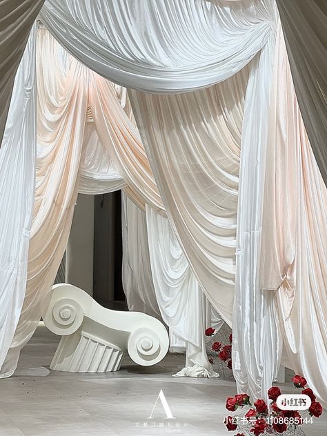 Fabric Draped Walls, Drapery Photoshoot, Tent Ceiling Draping, Diy Set Design, Goddess Party Theme, Draping Decor, Fabric Installation, Fabric Draping, Window Display Design