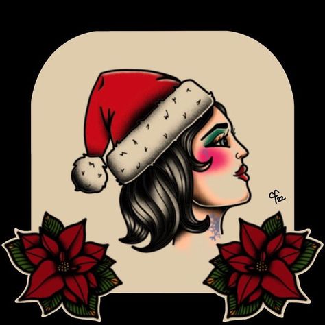 Traditional Christmas Tattoo Flash, Christmas Traditional Tattoo, American Traditional Christmas, Christmas Flash, Old Scool, Christmas Tattoo, Traditional Tattoo Art, Tattoo Style Drawings, Face Tattoo