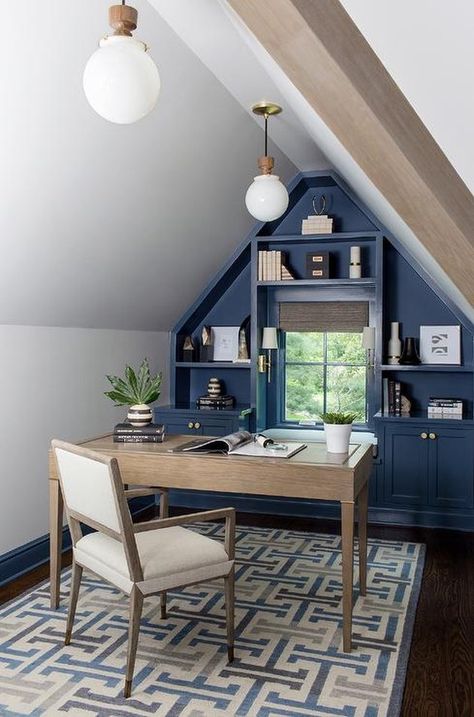 This average attic was turned into a gorgeous office. #homedecor #interiordesign #architecture Attic Office Space, Attic Office Ideas, Attic Room Ideas, Attic Office, Attic Loft, Office Design Inspiration, Loft Office, Small Attic, Houses Ideas