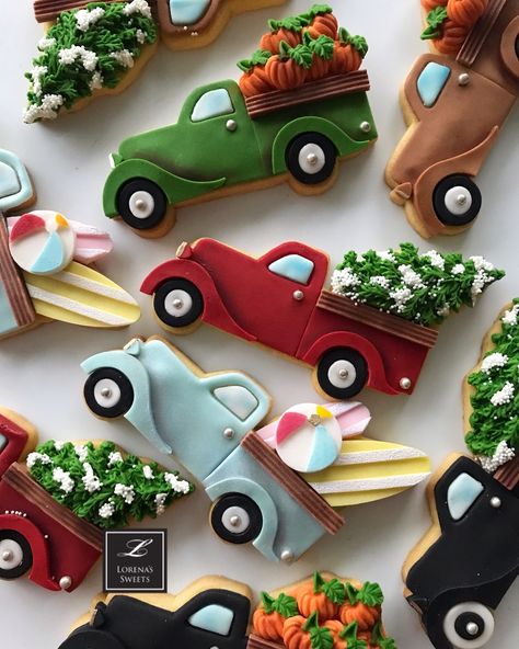 Lorena Rodríguez. Pickup truck cookies. Father’s Day cookies Truck Cookies, Winter Cookie, Thanksgiving Cookies, Sugar Cookie Designs, Food Truck Design, Pretty Cookies, Fall Cookies, Fancy Cookies, Xmas Cookies