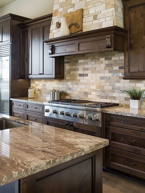 20 Stunning Backsplash Ideas to Complement Oak Cabinets - H.M.G Kitchen Backsplash Ideas With Wood Cabinets, Kitchen Backsplash Ideas With Oak Cabinets, Lodge Kitchen, Backsplash Trends, Kitchen Backsplash Trends, Cherry Wood Cabinets, Backsplash With Dark Cabinets, Brown Cabinets, Backsplash Kitchen