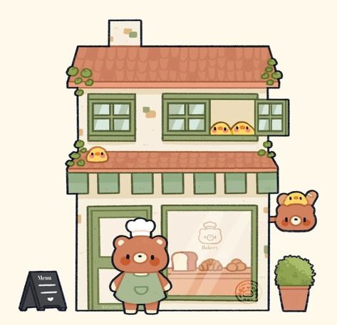 ArtStation - BEAR's Bakery, Galina Podolskaya Bakery Drawing Cute, Kawaii Bakery Aesthetic, Kawaii Bakery Illustration, Kawaii Bakery Drawing, Kawaii Pastry Drawing, Bakery Drawing Illustration, Cute Bakery Illustration, Pixel Art Bakery, Cute Shop Drawing