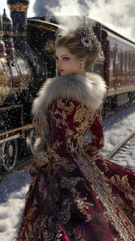 „It is not beauty that endears, it’s love that makes us see beauty.“ ~ Leo Tolstoy I already announced it - I am officially in my Anna Karenina phase. So enjoy my Tolstoy inspired ladies, complete with sleighs, horses and everything. Prompt inspo: „A profile view of a woman in a luxurious burgundy and gold brocade gown with grey fur trim, wearing an ornate crystal headpiece, against a snowy backdrop with a vintage train car. Her hair is styled in an elegant updo, and snow falls around her.... Brocade Gown, Snowy Backdrop, Snow Falls, Grey Fur, Leo Tolstoy, Anna Karenina, Gold Brocade, Crystal Headpiece, Profile View