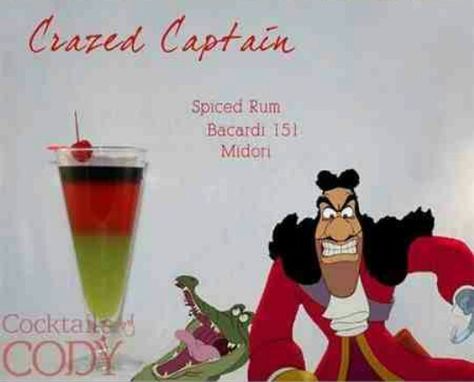 Crazed Captain/Hook Disney Alcoholic Drinks, Midori Cocktails, Disney Inspired Cocktails, Disney Cocktails, Disney Drinks, Slushie Recipe, Disney Theory, Disney Theme Party, Themed Drinks