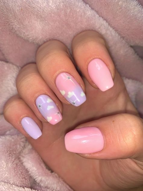 Pastel cloud nails #naildesign #nailart #coffinnails Pink And Purple Gel Nail Designs, Light Pink And Light Purple Nails, Nail Purple Pastel, Baby Girl Nail Designs, Pink And Purple Nails Short, Pink Nails For Kids, Pink And Purple Nails Acrylic, Shlack Nails, Pastel Pink Nails Design