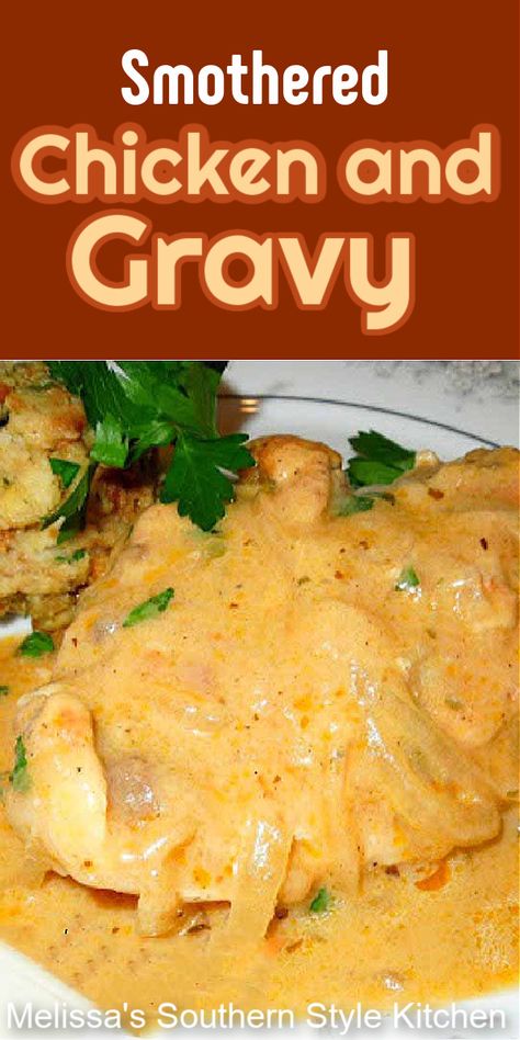 Serve this down home Smothered Chicken And Gravy with your favorite Southern sides #smotheredchicken #chickenandgravy #easychickenrecipes #chicken #chickenbreastrecipes #gravy #southernfriedchicken #roastchicken #chickengravy Smothered Chicken And Gravy, Southern Sides, Smothered Chicken Recipes, Chicken Dinner Ideas, Chicken And Gravy, Chicken Baked, Chicken Ideas, Smothered Chicken, Southern Fried Chicken