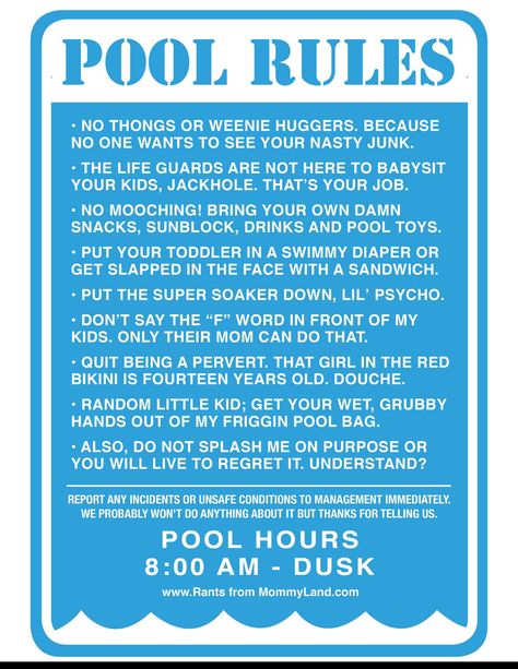 Funny Swimming Pool - Bing Images Swimming Pool Rules, Swimming Sign, Pool Rules Sign, Pool Quotes, Swimming Pool Signs, Party Rules, Pool Rules, Pool Life, Pool Signs