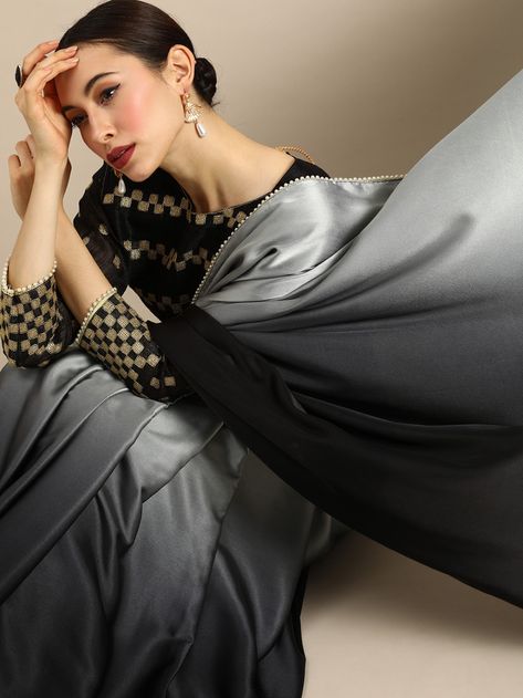 Buy Anouk Black & Grey Satin Colourblocked Saree - Sarees for Women 13903198 | Myntra Grey Saree, Saree Style, Sarees For Women, Saree Designs Party Wear, Gold Blouse, Inner Power, Black Saree, Grey Blouse, Contemporary Chic