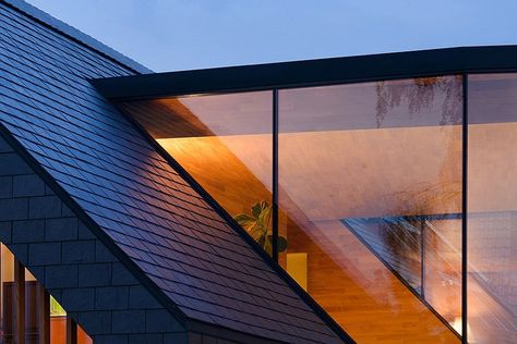 Contemporary glass facade combined with the classic sloped roof Barn Makeover, Houses In Poland, Barn House Design, Roof Architecture, Dormer Windows, Glass Facades, Modern Barn, Contemporary House Design, Pitched Roof