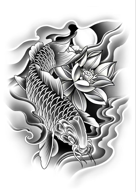 ငါးကြင်း Tattoo Black, ငါးကြင်း Tattoo, Japanese Tattoo Koi, Japanese Tattoo Sleeve, Koi Dragon Tattoo, Skull Tattoo Flowers, Geisha Tattoo Design, Japanese Tattoos For Men, Tattoo Japanese Style