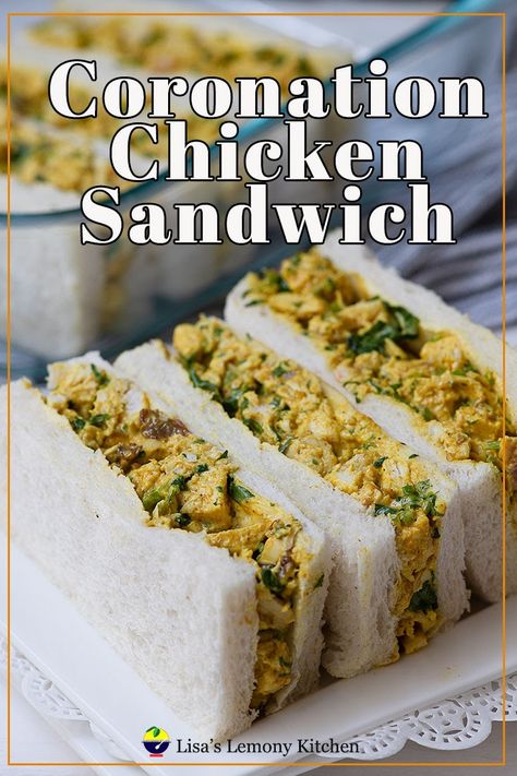 This creamy spicy chicken sandwich is a classic sandwich. Created in 1953 in honour of Queen Elizabeth II's coronation. Creamy Spicy Chicken, Coronation Chicken Sandwich, Spicy Chicken Sandwich, Caramel Blondie, Coronation Chicken, Tea Party Sandwiches, Tea Sandwiches Recipes, Spicy Chicken Sandwiches, Afternoon Tea Recipes