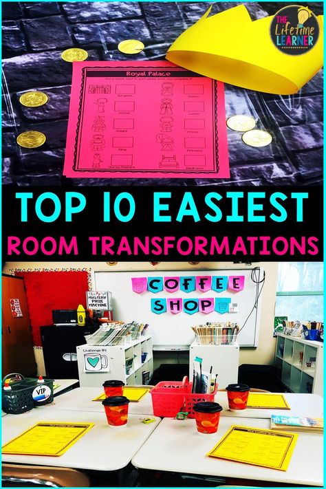 Ever wanted to try an EASY classroom transformation? This lists the 10 Easiest Classroom Transformations you can do! This can be used as practice or as a review activity for upper elementary students. Kids get to practice 3rd grade math concepts such as addition, subtraction, multiplication, division, geometry, fractions, area and perimeter, bar graphs, pictographs, word problems and many more. #3rdgrademath #teachers #classroomtransformation 1st Grade Room Transformations, Teaching Games, Ron Clark, Math Spiral Review, Classroom Transformation, Math Test Prep, Math Challenge, Third Grade Classroom, Theme Days