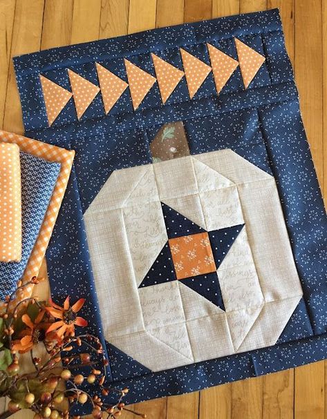 Pumpkin Sky Pillow: Let's feature a white pumpkin! | Carried Away Quilting | Bloglovin’ Pumpkin Quilt Block Free Pattern, Pumpkin Quilt Pattern, Placemats Pattern, Pumpkin Quilt, Autumn Quilts, Halloween Quilt Patterns, Halloween Blocks, Fall Quilt Patterns, Fall Quilt