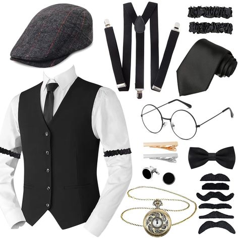 PRICES MAY VARY. 【1920s Accessories Set】: You will get our 1920s men's accessories pack including vest*1, beret*1, glasses*1, tie*1, bow tie*1, pocket watch*1, smoking pipe*1, suspenders*1, fake beard*6, tie clip*2, cufflinks*2, armband*2. All of which are items with strong retro elements, very suitable for all kinds of retro gentleman looks. This is the perfect complement to your outfit, making every appearance stand out. Enjoy the fun with this 1920s accessories set! 【Carefully Selected Materi Great Gatsby Party Outfit For Men, 1920s Fashion Male, Gatsby Party Outfit For Men, 1920s Mens Costume, Outfit With Vest, 1920 Party, Gangster Costume, Gatsby Party Outfit, Drowsy Chaperone