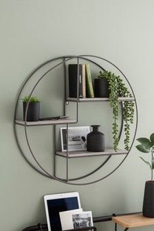 Round Wall Shelves, Round Wall Art Decor, Grey Shelves, Round Shelf, Wall Shelf Decor, Round Wall Art, Wire Shelving, Cubicle, Decor Living Room