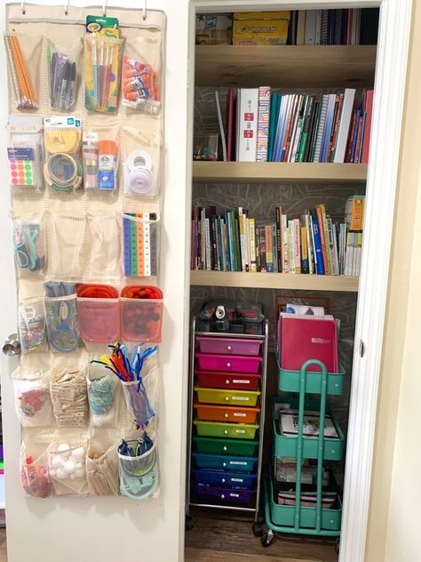 Homeschool Closet, Small Space Homeschool Organization, Door Shoe Rack, Homeschool Room Design, Homeschool Room Organization, Craft Closet Organization, Closet Transformation, Locker Organization, School Storage