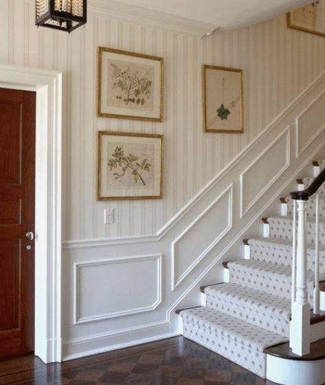 Beautiful Types of Wainscoting Ideas : Visuals For Every Room & Space! - Home Loves Design Leta Austin Foster, Round Stairs, Stair Paneling, درج السلم, Carpet Staircase, Staircase Wall, Foyer Decorating, Wall Molding, Staircase Design