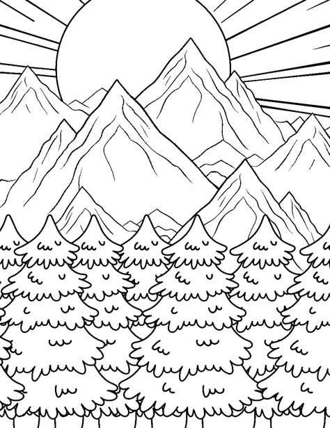 Mountain Magic: A mountain landscape with a sun in the sky. (Free Printable Coloring Page for Kids) Sun In The Sky, Coloring Pages Cute, Christmas Tree With Presents, Preschool Coloring Pages, Snow Covered Trees, Butterflies Flying, Family Picnic, Grape Bunch, Anime Animals