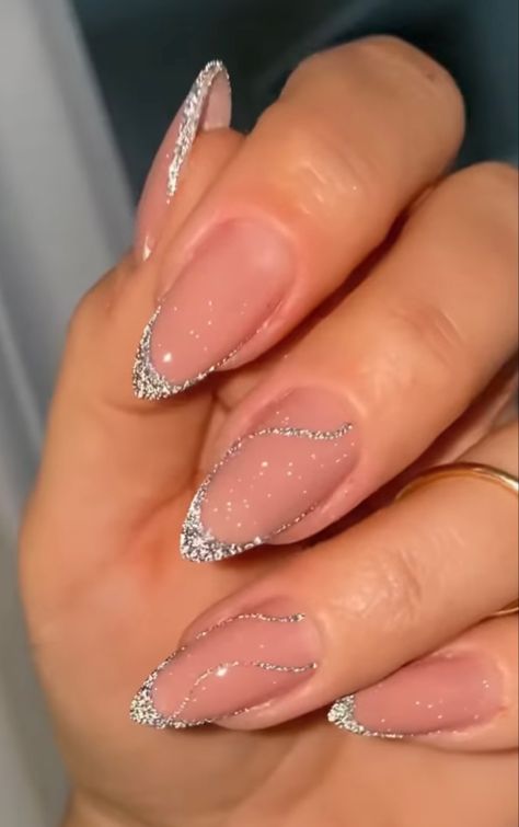 Chrome With Glitter Nails, Nails Acrylic Prom, Eid Nails, Acrylic Prom Nails, New Year Nails Design, Prom Nails Blue, Gold Prom Nails, Silver Prom Nails, Prom Nails Acrylic Classy