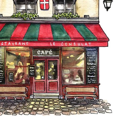 Drawing Cafe, Parisian Coffee Shop, Cafe And Bar, Asian Cake, Paris Art Print, Urban Sketches, Cartoon House, Parisian Cafe, Building Drawing