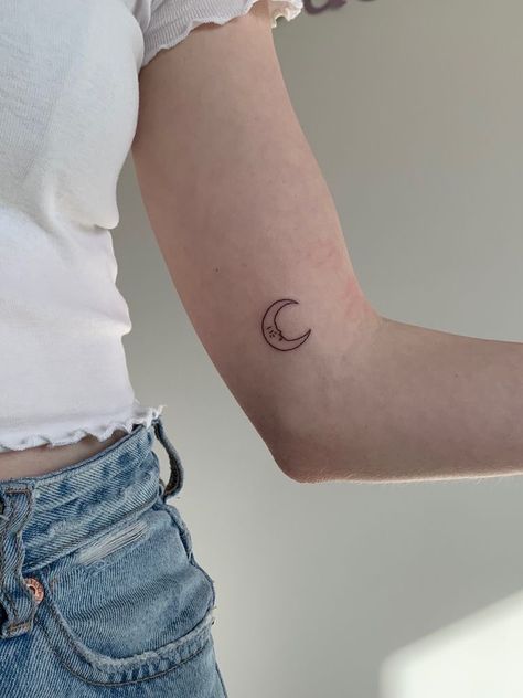 Moon Tattoo Back Of Arm, Moon Aesthetic Tattoo, Moon Tattoo On Arm, Moon Song Tattoo, Saturn And Moon Tattoo, Moon Heart Tattoo, Moon Saturn Tattoo, Moon Tattoo Fine Line, Line Moon Tattoo