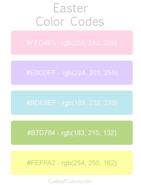 Easter Color Palette and Scheme Google Slides Color Palette Codes, Preppy Color Palette Hex Codes, Pretty Color Palette Hex Codes, Color Palette Rgb Code, Easter Colour Palette, Color Palette Rgb, Easter Color Palette, Rgb Color Palette, Easter Color