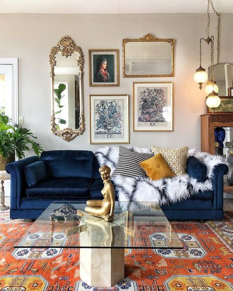 Hollywood Regency Living Room Ideas and Inspiration | Hunker Edinburgh Apartment, Hollywood Regency Living Room, Regency Living Room, Colourful Interiors, Maximalist Living Room, Blue Sofas, Blue Couches, Entry Hallway, Salon Interior Design