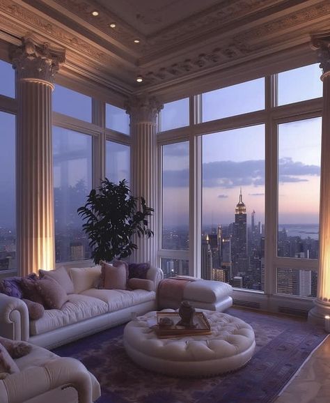 Purple New York Penthouse Dream Living Room Luxury, New York Penthouse Luxury, Luxury New York Apartment, Old Money Interior Design, Old Money Interior, Purple New York, Dream Penthouse, Feminine Apartment, Moroccan Decor Bedroom