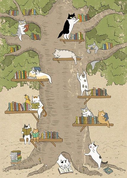 cats and the library tree A Tree, Bookshelves, Shelves, Books