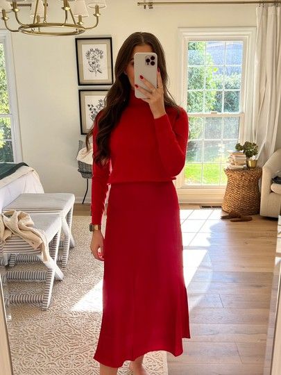 Red Christmas Skirt Outfit, Red Maxi Skirt Outfit Winter, Red Sweater Skirt Outfit, Red Satin Skirt Outfit Winter, Red Sweater And Skirt Outfit, Holiday Concert Outfit, Red Slip Skirt Outfit, Red Skirt Christmas Outfit, Red Silk Skirt Outfit