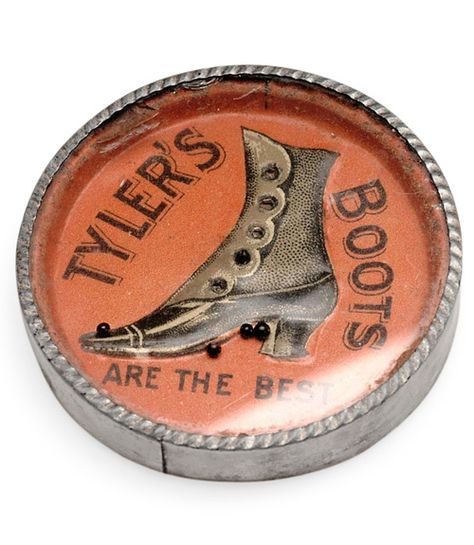 This trinket, which measures about one and three-quarter inches across and a quarter inch deep, served as a promotional giveaway for Tyler's Boots, a UK shoemaker in existence during the early 20th century. Likely manufactured in Germany, the handheld plaything (made of tin, lithographed paper, and glass) provided entertainment. This kind of dexterity toy remains recognizable to kids today: Simply tilt the piece to roll the metal balls into the Dexterity Games, Advertising Graphics, Vintage Advertising Art, Antique Advertising, Antiques Roadshow, Antique Finds, Promotional Giveaways, Tin Containers, Button Holes