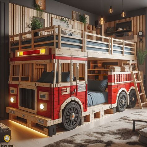 Fire Truck Inspired Pallet Bunk Bed 🚒🛏️ Fireman Room, Pallet Bunk Beds, Fire Truck Bedroom, Fire Truck Room, Firetruck Bed, Truck Room, Bunk Bed Designs, Kids Beds, Love Fire