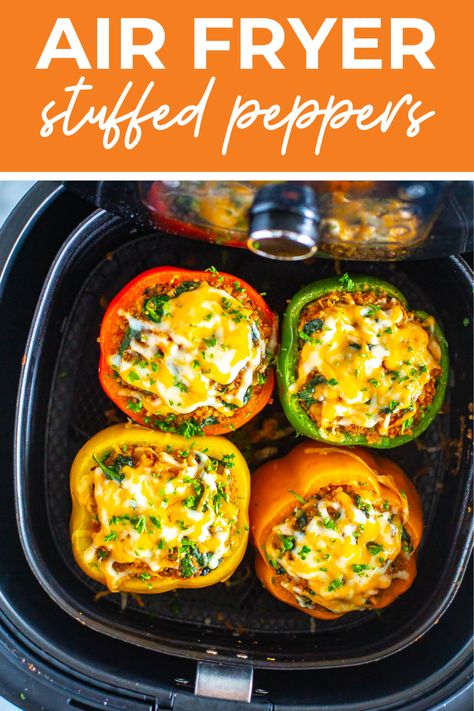 These Air Fryer Stuffed Peppers are the best! They're stuffed with a delicious quinoa and turkey filling and take only 35 minutes to make. Stuffed Peppers Air Fryer, Peppers Air Fryer, Air Fryer Stuffed Peppers, Couscous Stuffed Peppers, Stuffed Bell Peppers Ground Beef, The Best Air Fryer, Best Air Fryer, Air Fry Recipes, Air Fryer Dinner Recipes