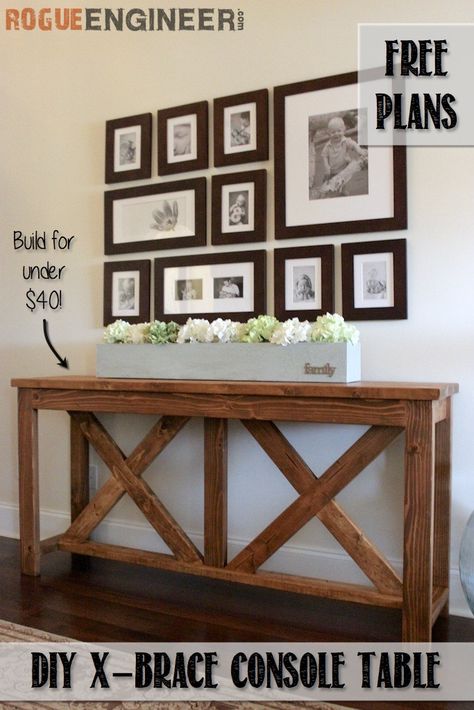 DIY X-brace Console Table- FREE DIY PLANS  | rogueengineer.com #XbraceConsoleTable #DiningroomDIYplans #diyprojects #diyideas #diyinspiration #diycrafts #diytutorial #console #consoletable #consoletableideas #table #tabledecor #tabledesign #tabledecorations Table Palette, Diy Console Table, Free Plans, Entry Table, Furniture Bedroom, Table Plans, Ikea Hacks, Diy Table, Diy Plans