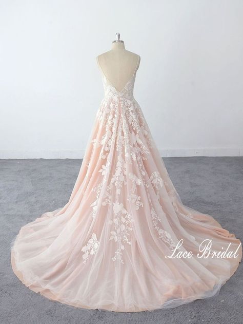 Beautiful Wedding Dress Lace V Neckline Wedding Dress, Wedding Dress Blush, Neckline Wedding Dress, Blush Wedding Dress, Open Back Wedding, Wedding Dresses Blush, Open Back Wedding Dress, Wedding Dress Lace, Back Wedding Dress