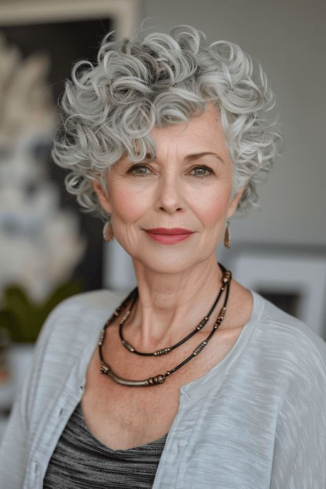 62 Curly Pixie Haircuts For Woman Over 50 Short Curly Silver Hair Over 50, Short Curly Grey Hair Over 50 Gray Hairstyles, Short Grey Curly Hair, Short Curly Gray Hair Over 50, Stacked Curly Bob Haircut, Curly Silver Hair, Layered Curly Haircuts, Short Curly Cuts, Pixie Haircuts For Women