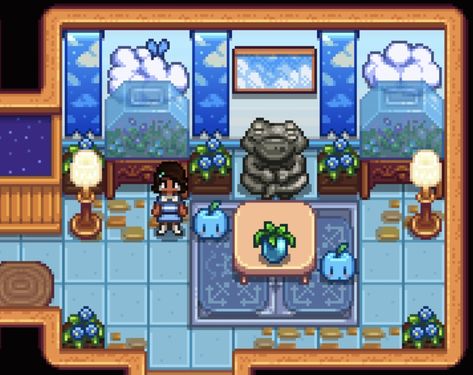 Stardew Valley House Interior Blue, Winter Outfit Stardew Valley, Stardew Inspiration, Stardew Ideas, Stardew Farms, Stardew Valley Layout, Stardew Valley Tips, Stardew Valley Farms, Blue Farmhouse