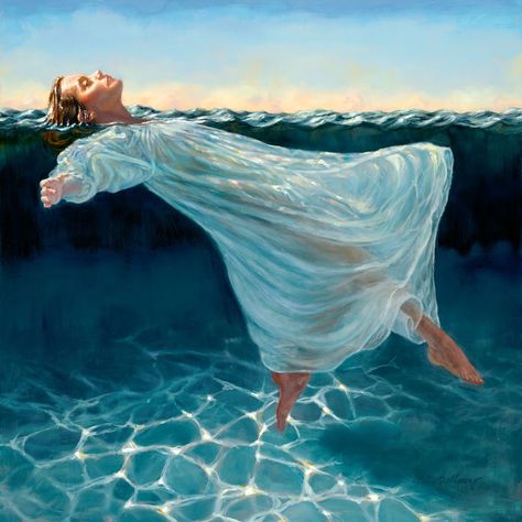 Image size: 12" X 12", Oil on panelWoman floating in water- above and below In Water Drawing, Water Sketch, Pool Drawing, Underwater Drawing, Colour Illustration, Underwater Portrait, Water Tattoo, Underwater Painting, Water Illustration